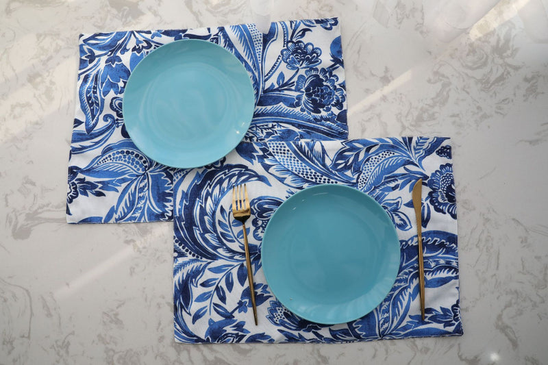 blue & white floral waterproof placemat set of 4